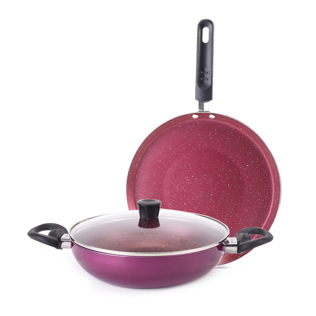 Bandhan Non-stick Cookware 3 Pcs.Set | Dosa Tawa,Kadhai and Lid | 100% PFOA free Coating | Pure Grade Virgin Aluminium | Compatible with Multiple Cooktops | Red and Purple | 2 Year Warranty