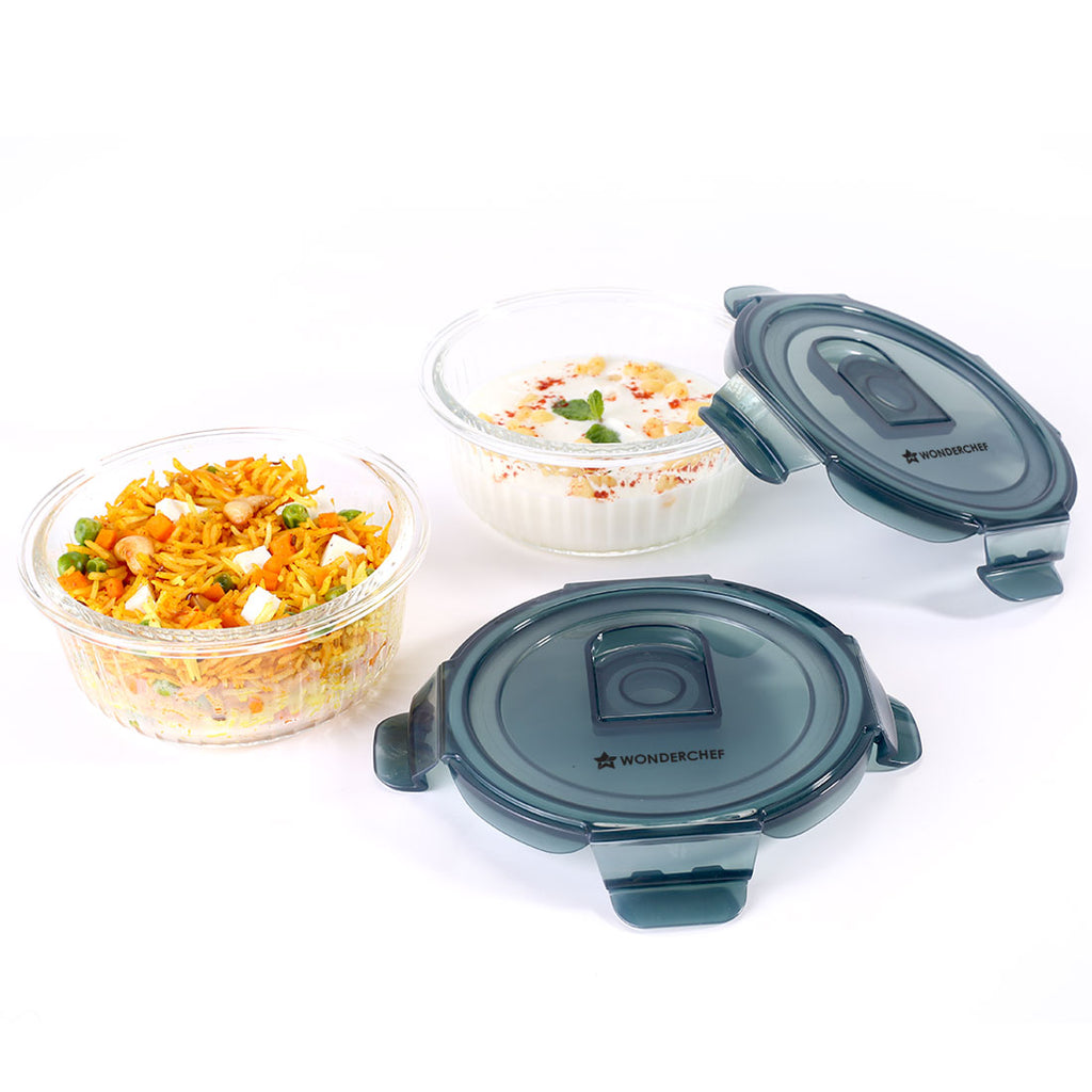 Verona Lunch Box Set of 2 | 400ml Borosilicate Glass Containers with Steam Vent | Leak Proof | Air Tight | Microwave Safe, Freezer Safe | Stain and Odour Free | Easy to Clean