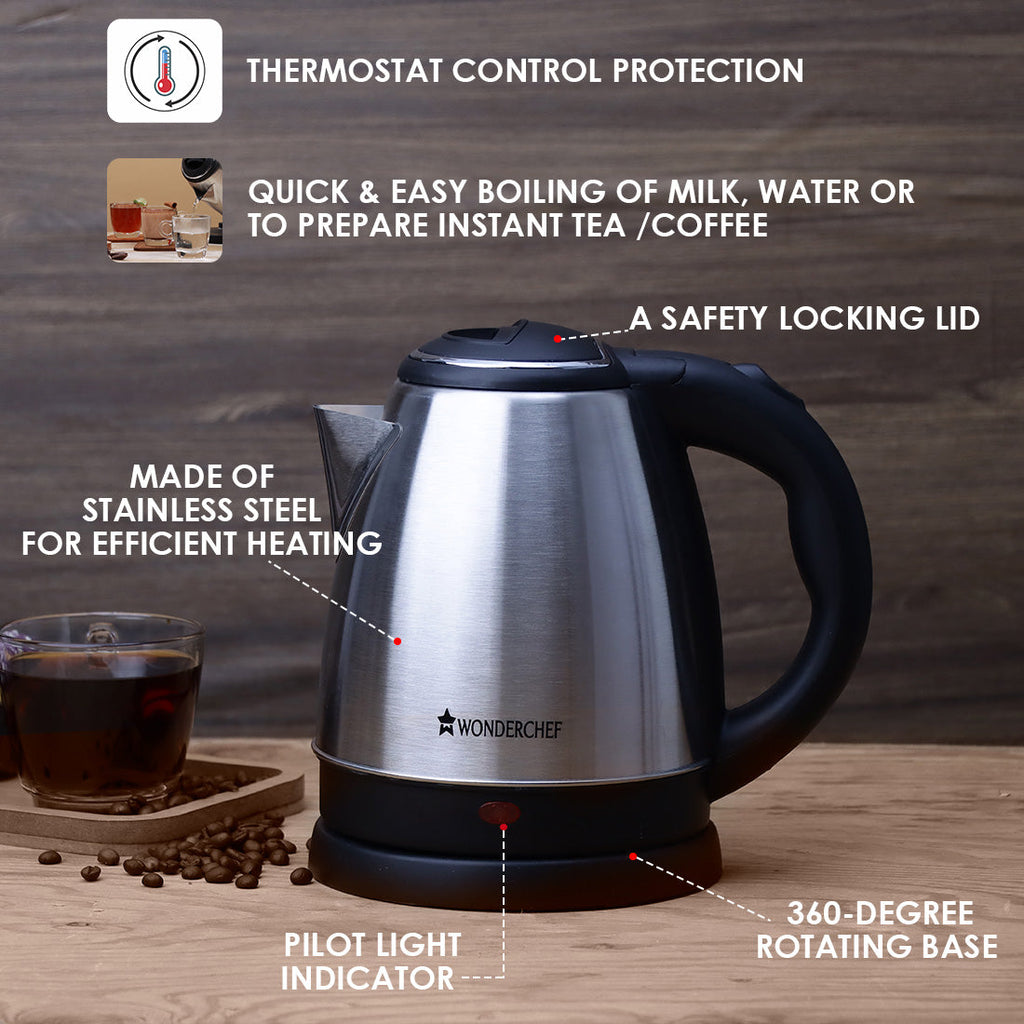 Wonderchef Renewed Crescent Electric Kettle | Stainless Steel | 1.5 Litres | Safety Locking Lid