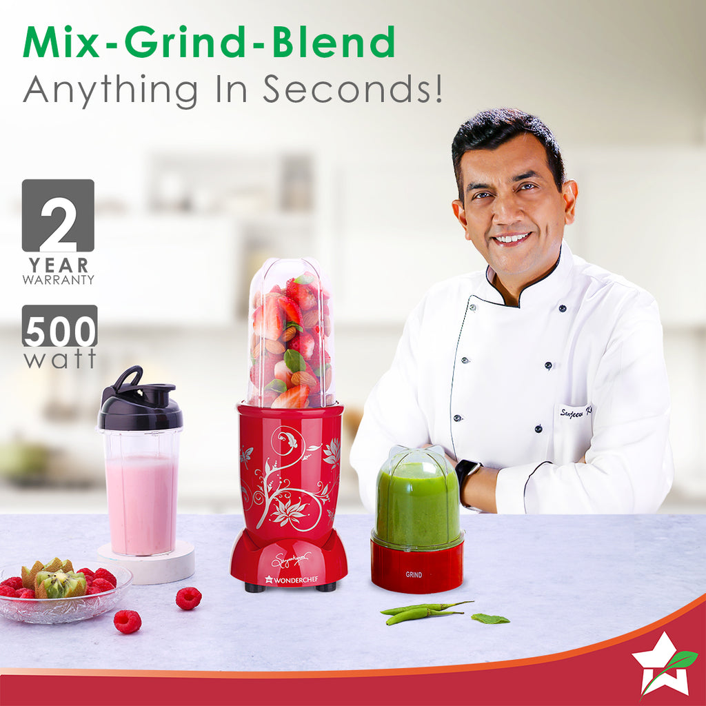 Nutri-blend, 500W, 22000 RPM 100% Full Copper Motor, Mixer-Grinder, Blender, SS Blades, 2 Unbreakable Jars, 2 Years warranty, Red, Recipe Book By Chef Sanjeev Kapoor