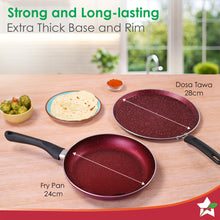 Load image into Gallery viewer, Bandhan Non-Stick Cookware 2 Pcs. Set | Dosa Tawa and Fry Pan | 100% PFOA Free Coating | Pure Grade Virgin Aluminium | Compatible with Multiple Cooktops | Red and Purple | 2 Year Warranty