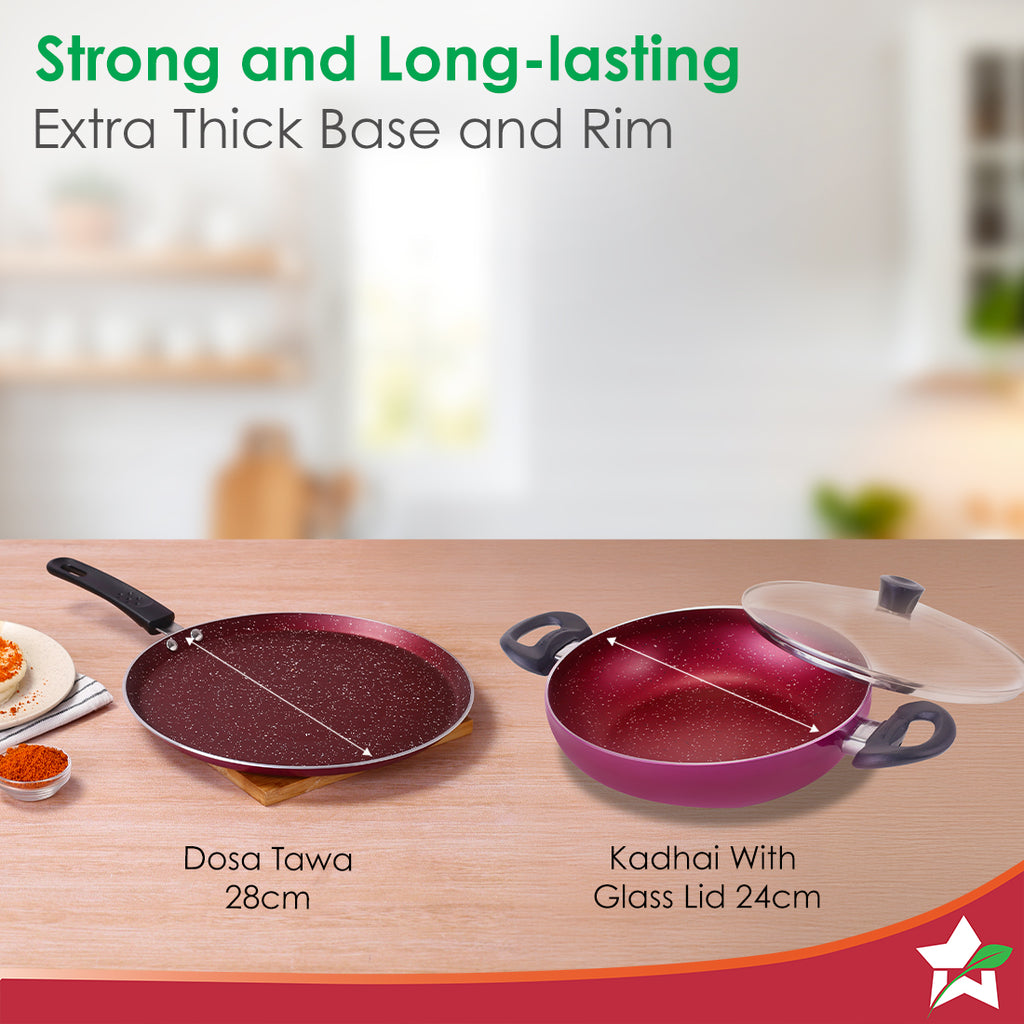 Bandhan Non-stick Cookware 3 Pcs.Set | Dosa Tawa,Kadhai and Lid | 100% PFOA free Coating | Pure Grade Virgin Aluminium | Compatible with Multiple Cooktops | Red and Purple | 2 Year Warranty