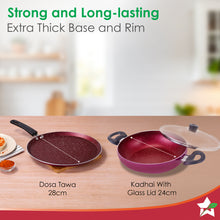 Load image into Gallery viewer, Bandhan Non-stick Cookware 3 Pcs.Set | Dosa Tawa,Kadhai and Lid | 100% PFOA free Coating | Pure Grade Virgin Aluminium | Compatible with Multiple Cooktops | Red and Purple | 2 Year Warranty