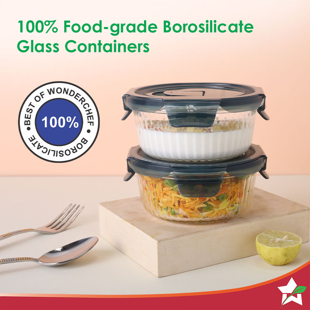 Verona Lunch Box Set of 2 | 400ml Borosilicate Glass Containers with Steam Vent | Leak Proof | Air Tight | Microwave Safe, Freezer Safe | Stain and Odour Free | Easy to Clean