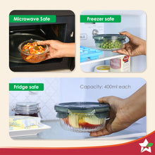 Load image into Gallery viewer, Verona Lunch Box Set of 2 | 400ml Borosilicate Glass Containers with Steam Vent | Leak Proof | Air Tight | Microwave Safe, Freezer Safe | Stain and Odour Free | Easy to Clean