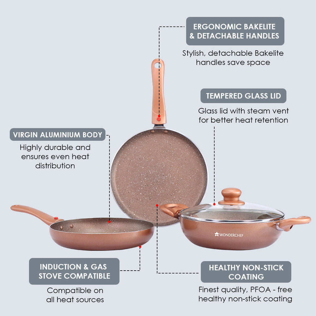 Ruby Plus 24 cm Cookware Set Bronze, Kadhai with Lid, Fry Pan, Dosa Tawa, Non-stick set of 4, Induction use, Tempered Glass Lid,