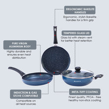 Load image into Gallery viewer, Sigma Non-stick Cookware Set, 4Pc (Kadhai with Lid, Dosa Tawa, Fry Pan), Induction Bottom, Cool Touch Bakelite Handles, Virgin Aluminium, PFOA Free, 2 Years Warranty, Midnight Blue