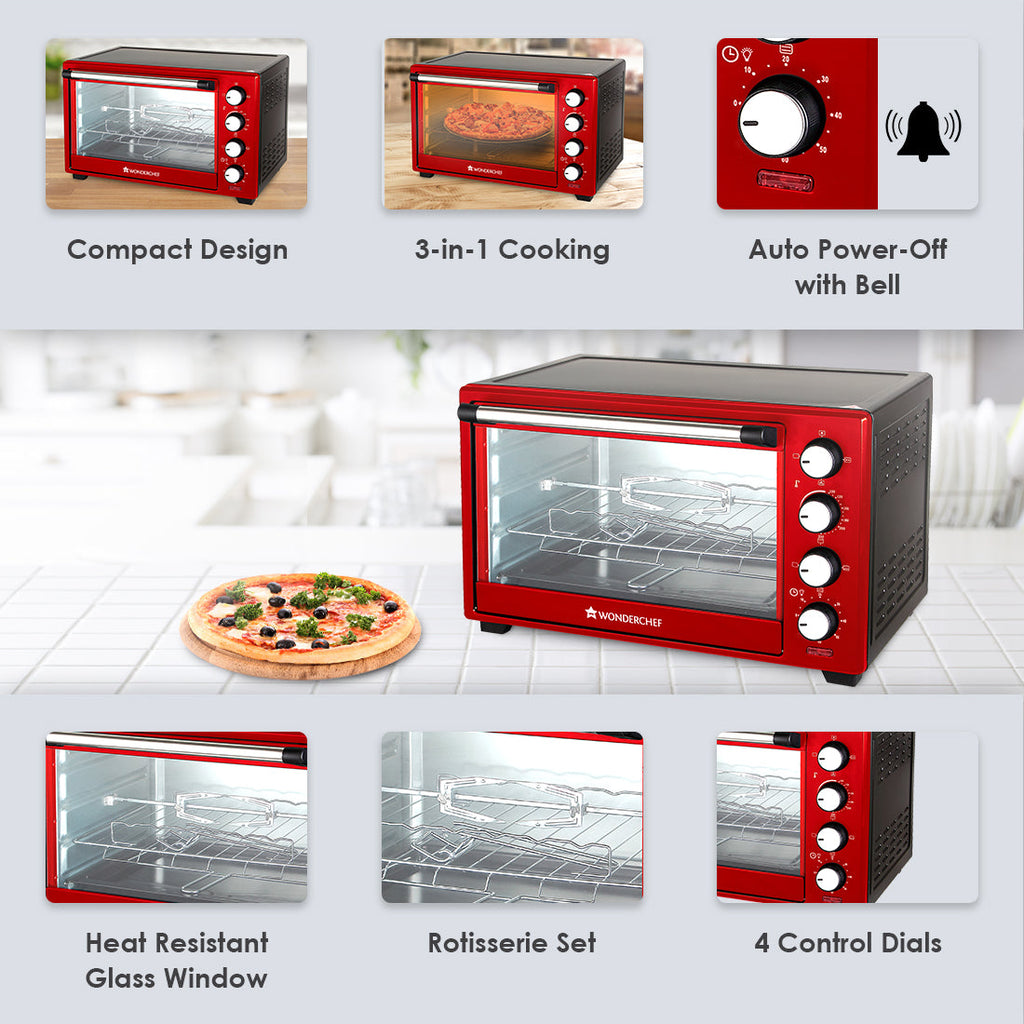 Wonderchef Renewed Oven Toaster Griller (OTG) Crimson Edge - 28L | Auto-shut Off | Heat-resistant Tempered Glass | Multi-stage Heat Selection | 1600W | Red