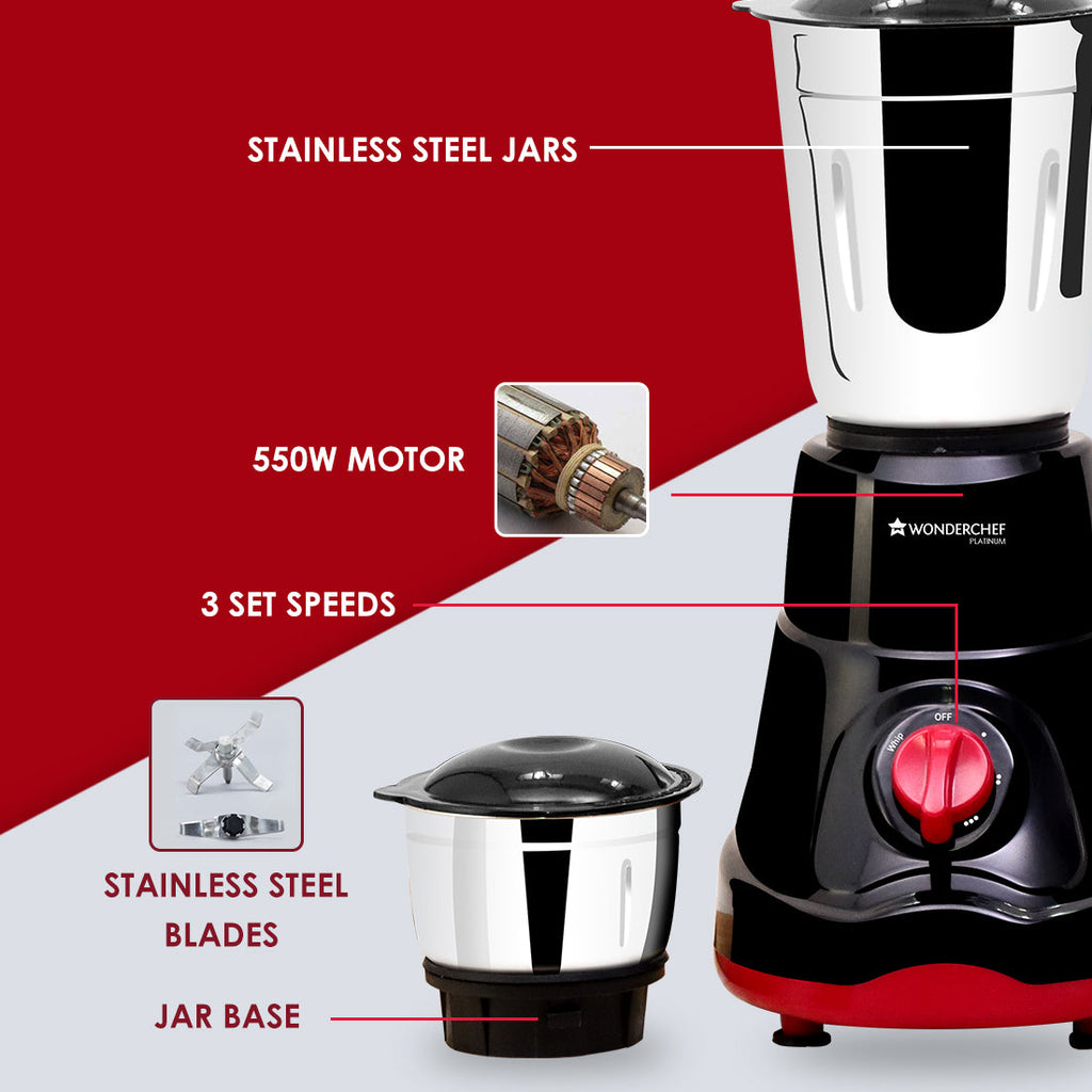 Ruby Mixer Grinder With 3 Jars and Anti-Rust Stainless Steel Blades, Ergonomic Handles, 550W, 5 Years Warranty, Red and Black