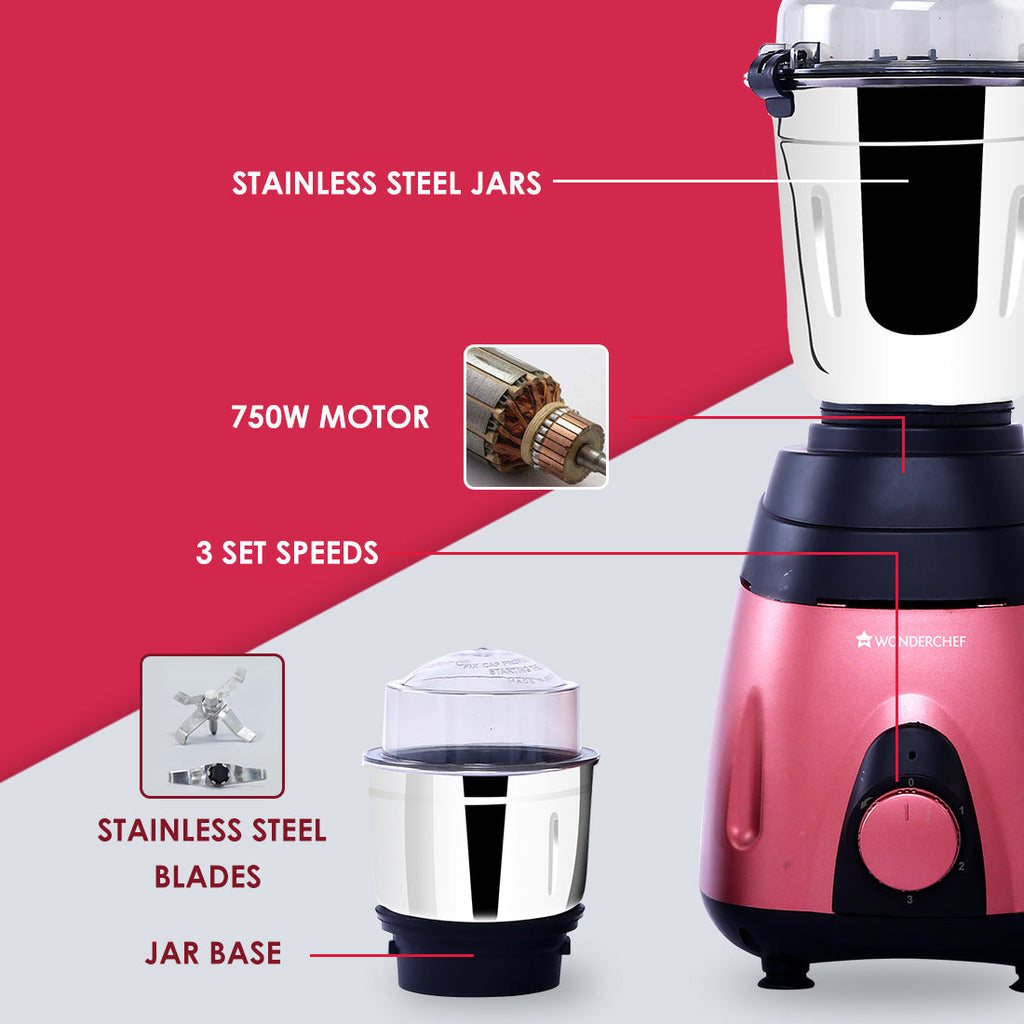 Wonderchef Renewed Vietri Mixer Grinder | 750W | 3 Stainless Steel Jars | Anti-Rust Stainless Steel Blades | Ergonomic Handles