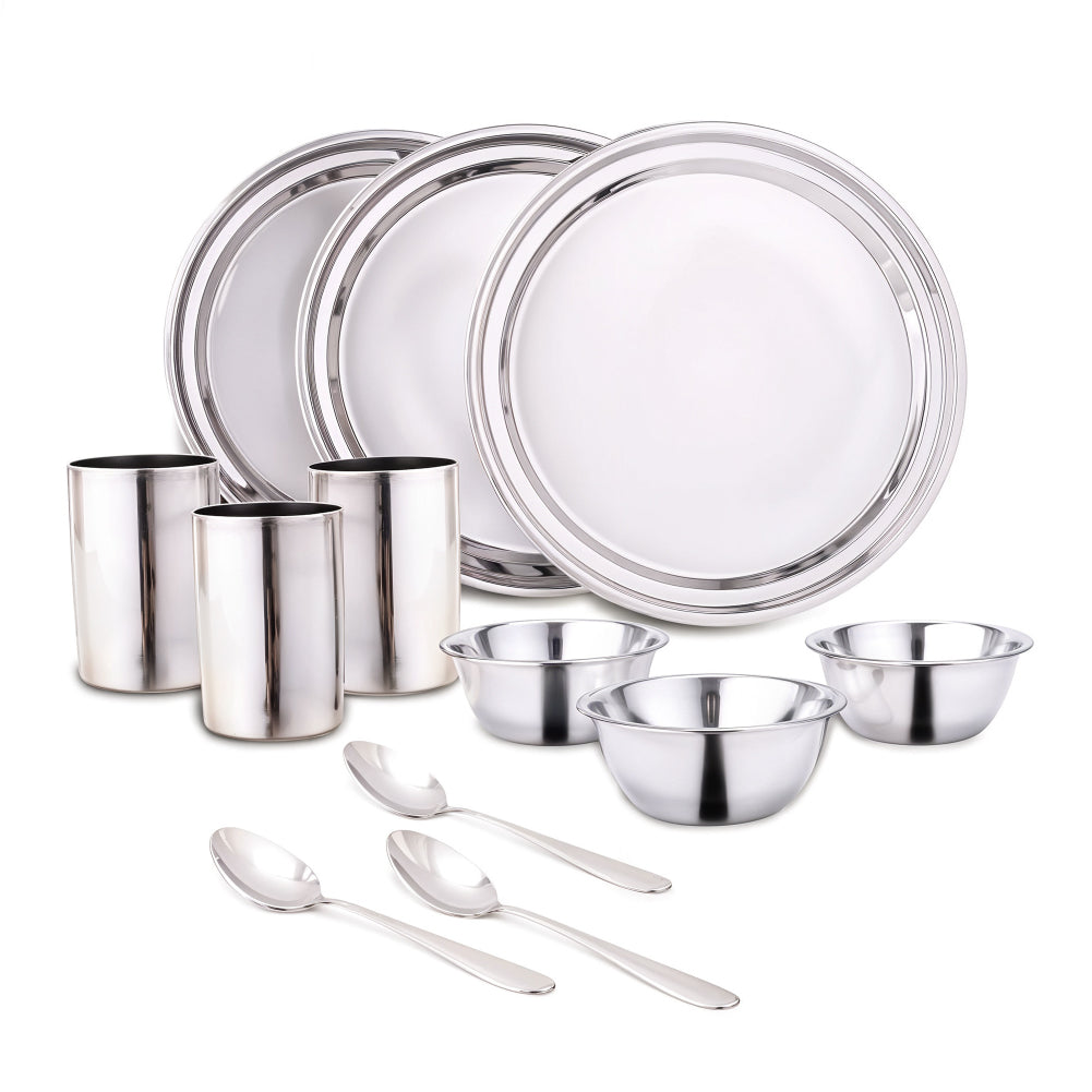 Venice Stainless Steel Dinner Set of 12pcs | Plates, Glasses, Bowls, Spoons | Classic Design and Gloss Finish | 100% Food-grade Stainless Steel | Non-corrosive, Unbreakable | Easy to Clean