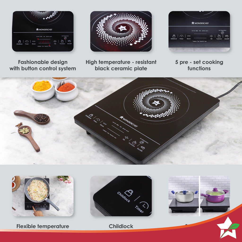 Wonderchef Renewed Easy Cook Hot Plate Infrared Cooktop with Feather Touch Control & Child Lock Feature | 2000 Watt Induction Cooktop | Crystal Glass Top Surface | LED Digital Panel | Smart Touch Buttons