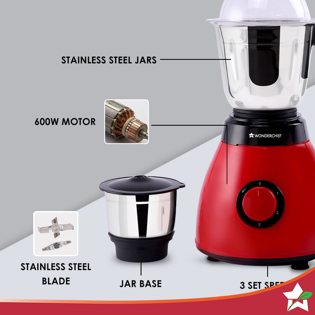 Wonderchef Renewed Vesper Mixer Grinder | 3 Jars | 600W | Stainless Steel Blades