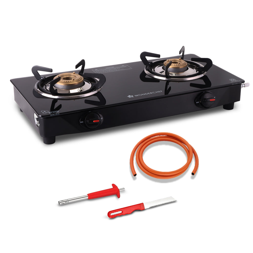 Zest Neo Cooktop | 2 Burners (1 Medium, 1 Small) | Premium Glass Surface | Space Saving Design | Brass Burners | ISI Approved | Free Gas Lighter and Kitchen Knife | 2-Year Warranty