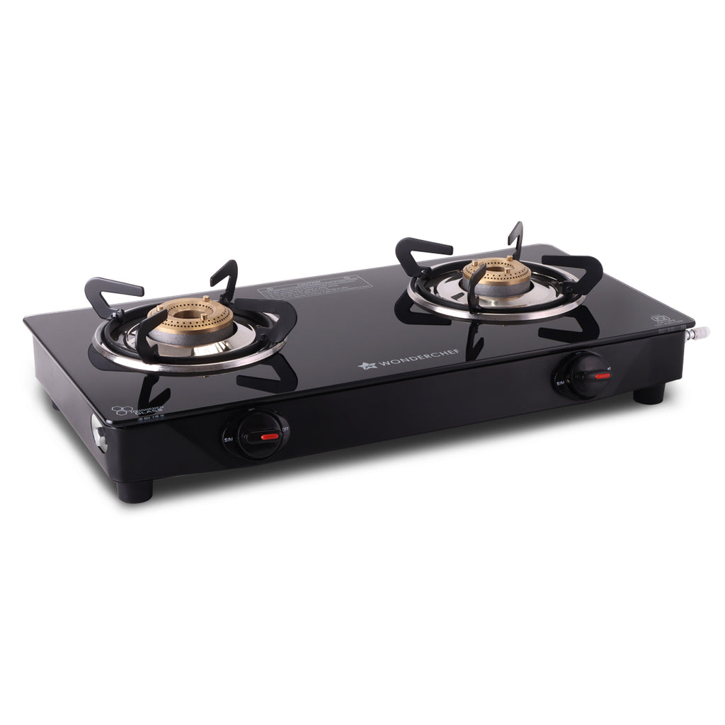 Zest Neo Cooktop | 2 Burners (1 Medium, 1 Small) | Premium Glass Surface | Space Saving Design | Brass Burners | ISI Approved | Free Gas Lighter and Kitchen Knife | 2-Year Warranty