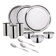 Load image into Gallery viewer, Venice Stainless Steel Dinner Set of 12pcs | Plates, Glasses, Bowls, Spoons | Classic Design and Gloss Finish | 100% Food-grade Stainless Steel | Non-corrosive, Unbreakable | Easy to Clean