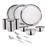 Venice Stainless Steel Dinner Set of 12pcs | Plates, Glasses, Bowls, Spoons | Classic Design and Gloss Finish | 100% Food-grade Stainless Steel | Non-corrosive, Unbreakable | Easy to Clean