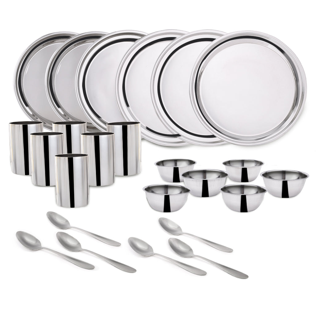 Venice Stainless Steel Dinner Set of 24pcs | Plates, Glasses, Bowls, Spoons | Classic Design and Gloss Finish | 100% Food-grade Stainless Steel | Non-corrosive, Unbreakable | Easy to Clean