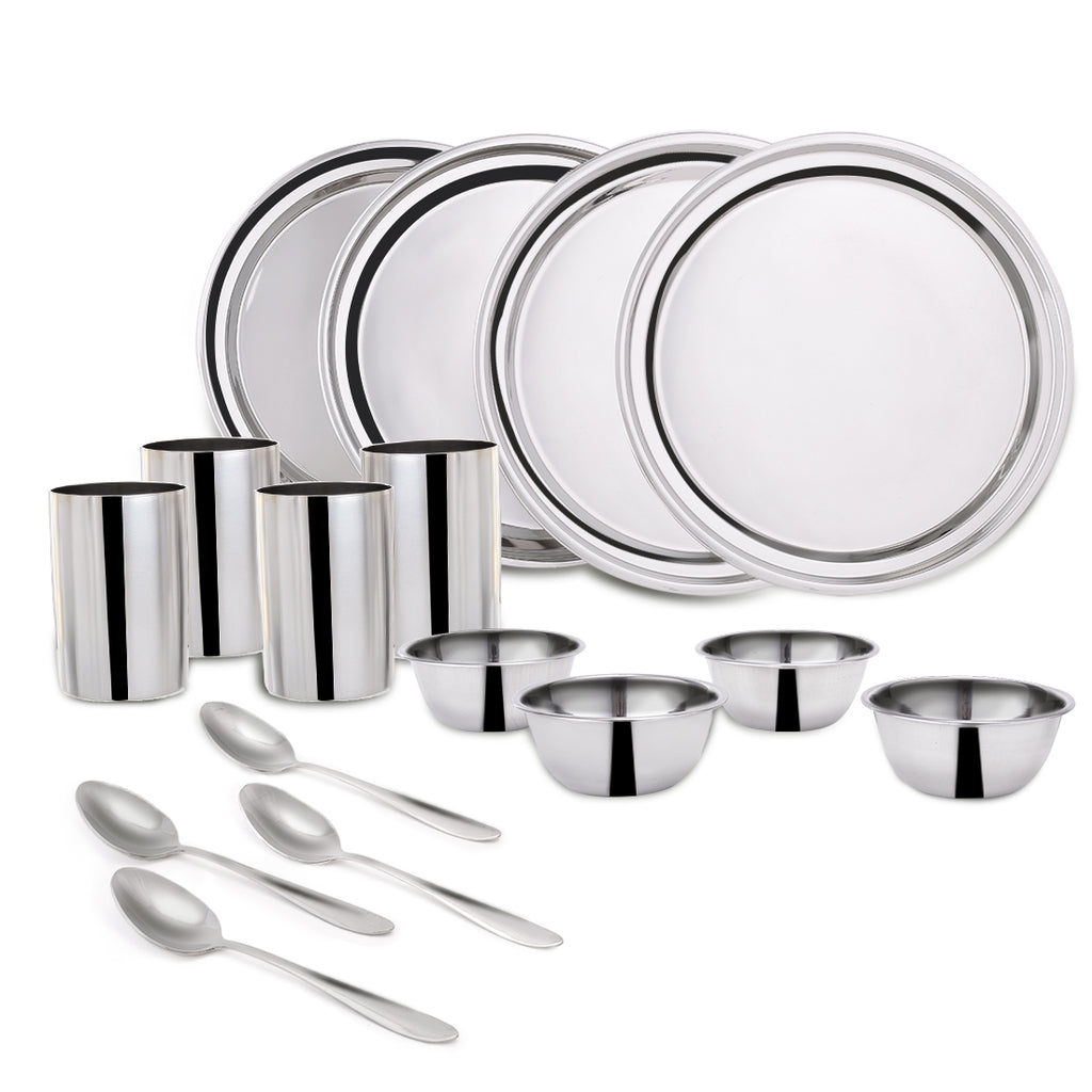 Venice Stainless Steel Dinner Set of 16pcs | Plates, Glasses, Bowls, Spoons | Classic Design and Gloss Finish | 100% Food-grade Stainless Steel | Non-corrosive, Unbreakable | Easy to Clean