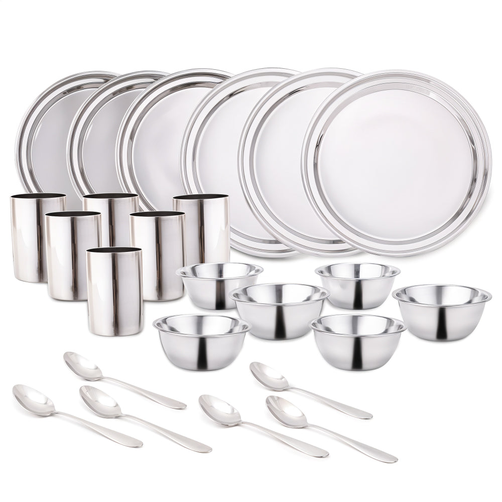 Venice Stainless Steel Dinner Set of 24pcs | Plates, Glasses, Bowls, Spoons | Classic Design and Gloss Finish | 100% Food-grade Stainless Steel | Non-corrosive, Unbreakable | Easy to Clean