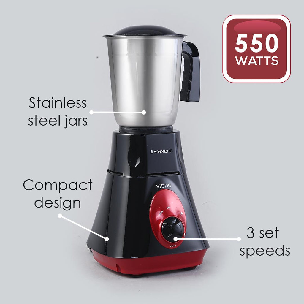 Wonderchef Renewed Vietri Mixer Grinder | 550W | 3 Anti-rust Stainless Steel Jars and Blades | 3-speed Knob