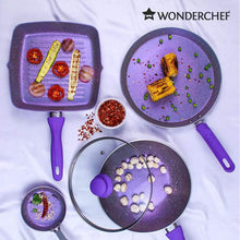 Load image into Gallery viewer, Celebration  Aluminum Non-Stick Cookware 5 pc Set | Kadhai with Glass Lid 24cm, Grill Pan 24cm, Dosa Tawa 28cm, Mini Fry Pan 12cm  | Induction Bottom | Soft Touch Handles | Pure Grade Aluminium | PFOA Free | 2 Year Warranty | Purple