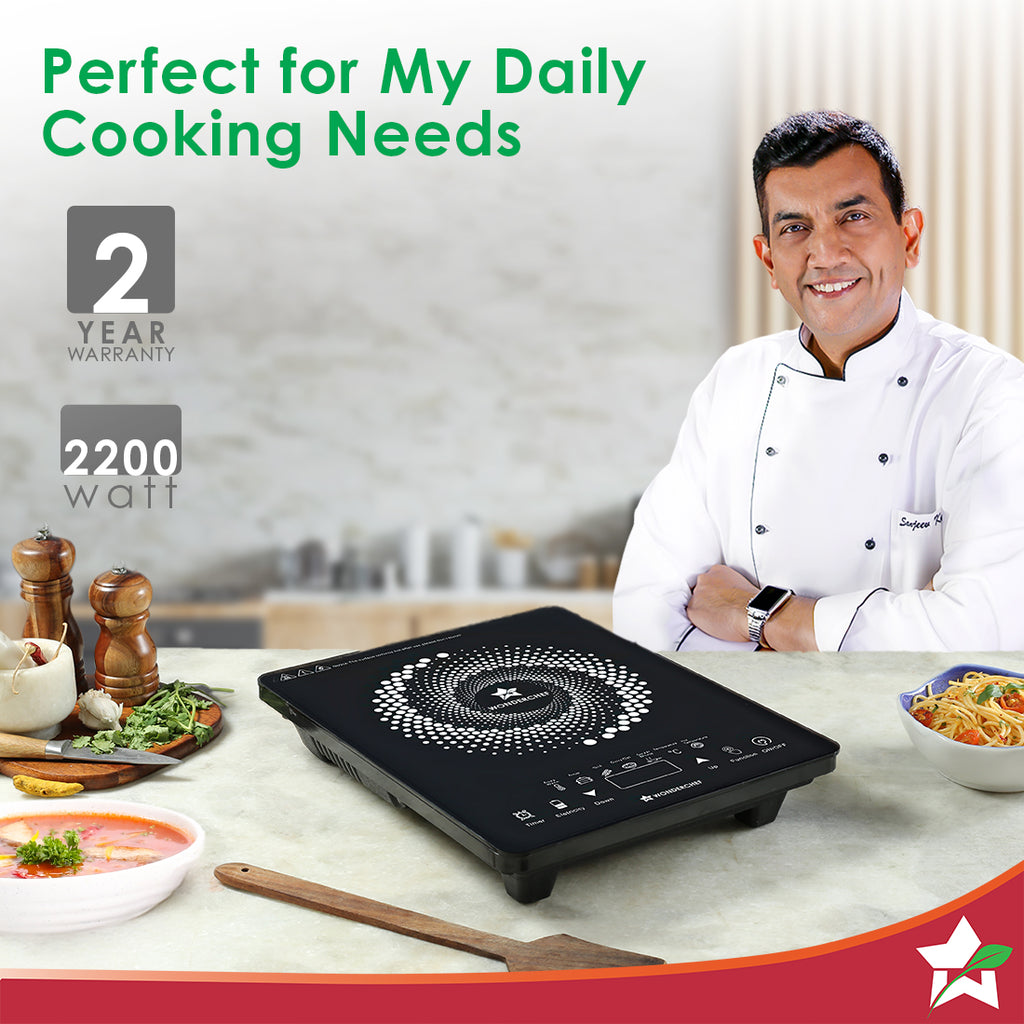 Easy Cook Hot Plate Infrared Cooktop with Feather Touch Control & 6 Power Settings|2200 Watt Induction Cooktop|Pre-set Menus for Soups, Curries, Dals, Saute Masala|Crystal Glass Top Surface| LED Digital Panel | Smart Touch Buttons| 1 Year Warranty