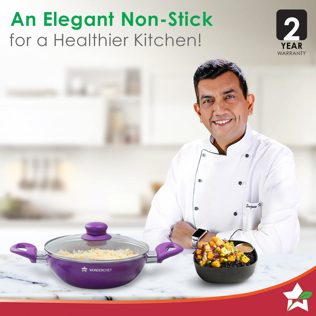 Royal Velvet Non-stick 26cm Kadhai with Lid and Handles | Glass Lid | Induction Ready | Soft-touch handles |Non – Toxic I Virgin Aluminium| 3 mm thick | 2 year warranty | Purple