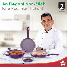 Load image into Gallery viewer, Royal Velvet Non-stick 5-piece Cookware Set (Fry Pan with Lid, Wok, Dosa Tawa, Mini Fry Pan) | Induction Ready (Dosa Tawa only)| Soft-touch handles |Non – Toxic I Virgin Aluminium | 3 mm thick | 2 years warranty | Purple