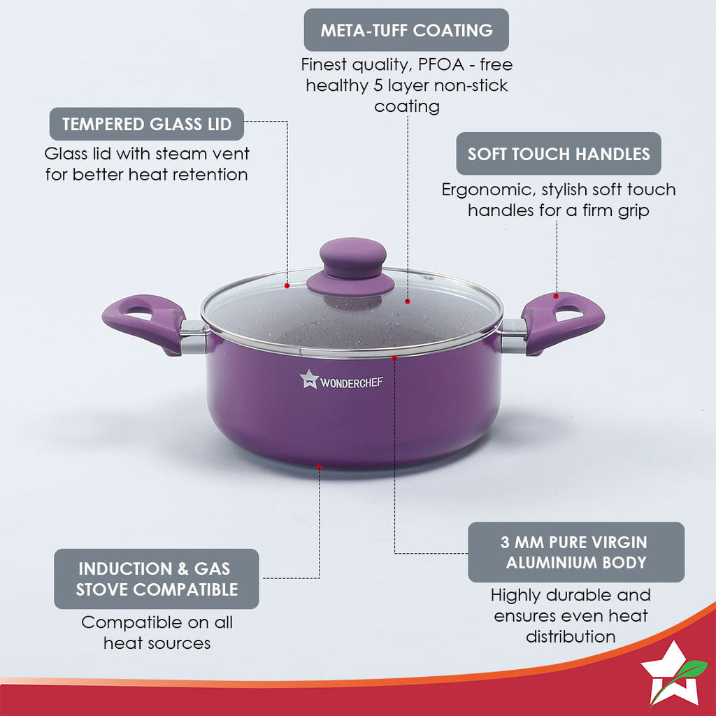 Royal Velvet Non-stick 20 cm Aluminium Casserole with Lid | 2.5 Litres | Purple | 2 Years Warranty