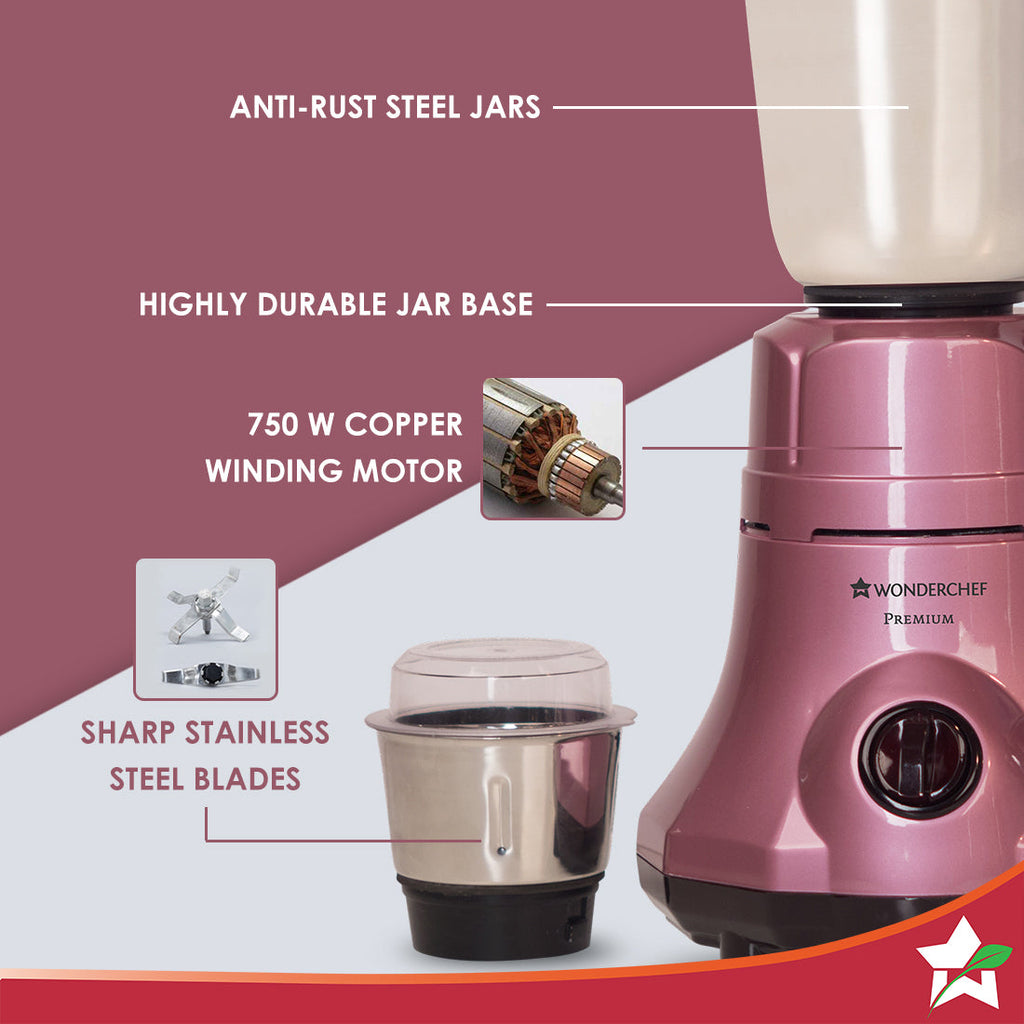 Wonderchef Renewed Premium Mixer Grinder | 750W | 3 Thick Steel Jars | Die-cast Jar Base | Velvet