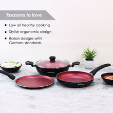 Load image into Gallery viewer, Sigma Non-stick Cookware Set, 4Pc (Kadhai with Lid, Dosa Tawa, Fry Pan), Induction Bottom, Cool Touch Bakelite Handles, Virgin Aluminium, PFOA Free, 2 Years Warranty, Red and Black