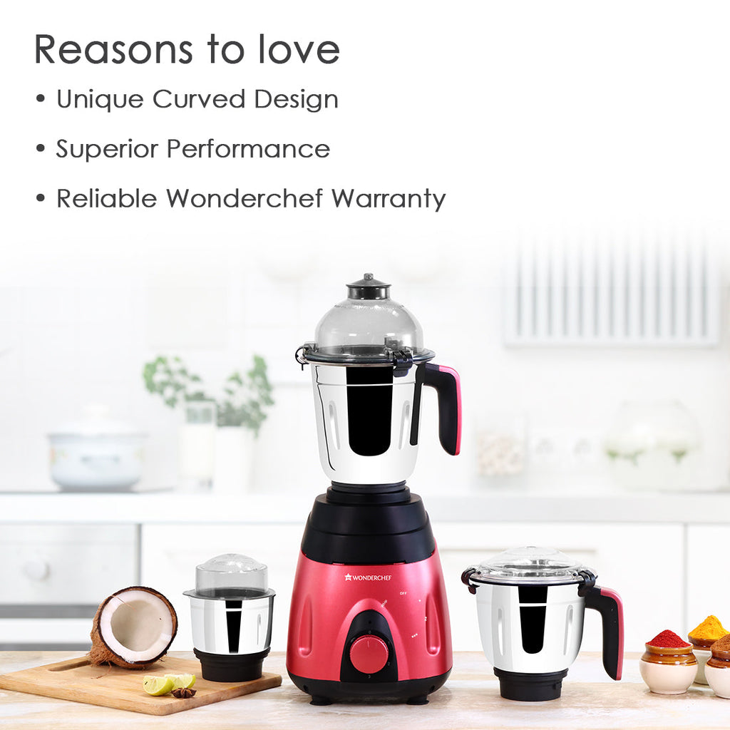 Vietri Mixer Grinder 750W with 3 Thick Steel Jars, Stainless Steel Sharp Blades, Secure Lid, 3 Speed Settings, 5 years Warranty on Motor, Black & Red