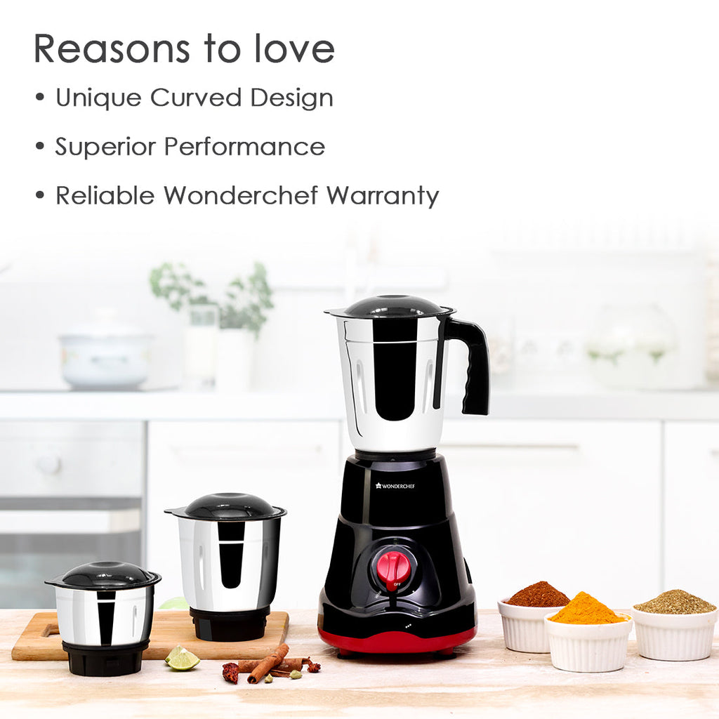 Ruby Mixer Grinder With 3 Jars and Anti-Rust Stainless Steel Blades, Ergonomic Handles, 550W, 5 Years Warranty, Red and Black