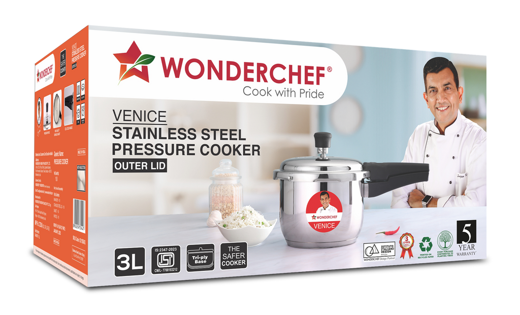 Venice Stainless-steel Pressure Cooker | 3L | Outer Lid | Triply Bottom | Safe Cooking | Compatible with Gas Stove, Induction, Ceramic, and Electric Stoves | ISI Certified | 5-Year Warranty