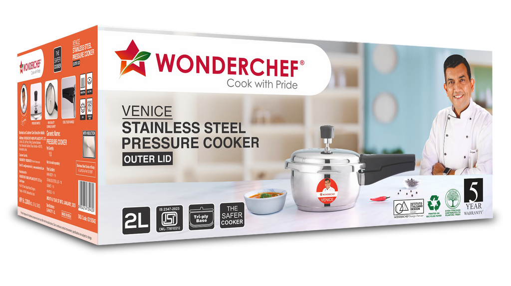 Venice Stainless-steel Pressure Cooker | 2L | Outer Lid | Triply Bottom | Safe Cooking | Compatible with Gas Stove, Induction, Ceramic, and Electric Stoves | ISI Certified | 5-Year Warranty