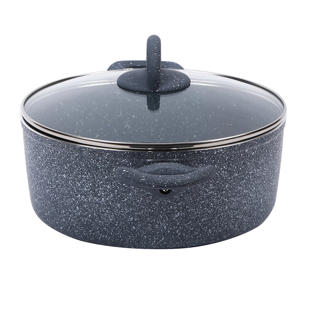 Granite 24 cm Non-Stick Casserole | Glass Lid |Induction Bottom | Soft-Touch Handles | Virgin Aluminium | PFOA and Heavy Metals Free | 3.5mm | 4 liters | 2 Year Warranty | Grey