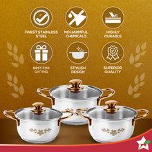 Load image into Gallery viewer, Wonderchef Renewed Gold Stanton Stainless Steel 3 piece Casserole Set with Glass Lid | Golden knobs and handles | Induction &amp; Gas Stove friendly | Set of 3 (1.6L, 2.3L, 3.1L) | 1 Year Warranty