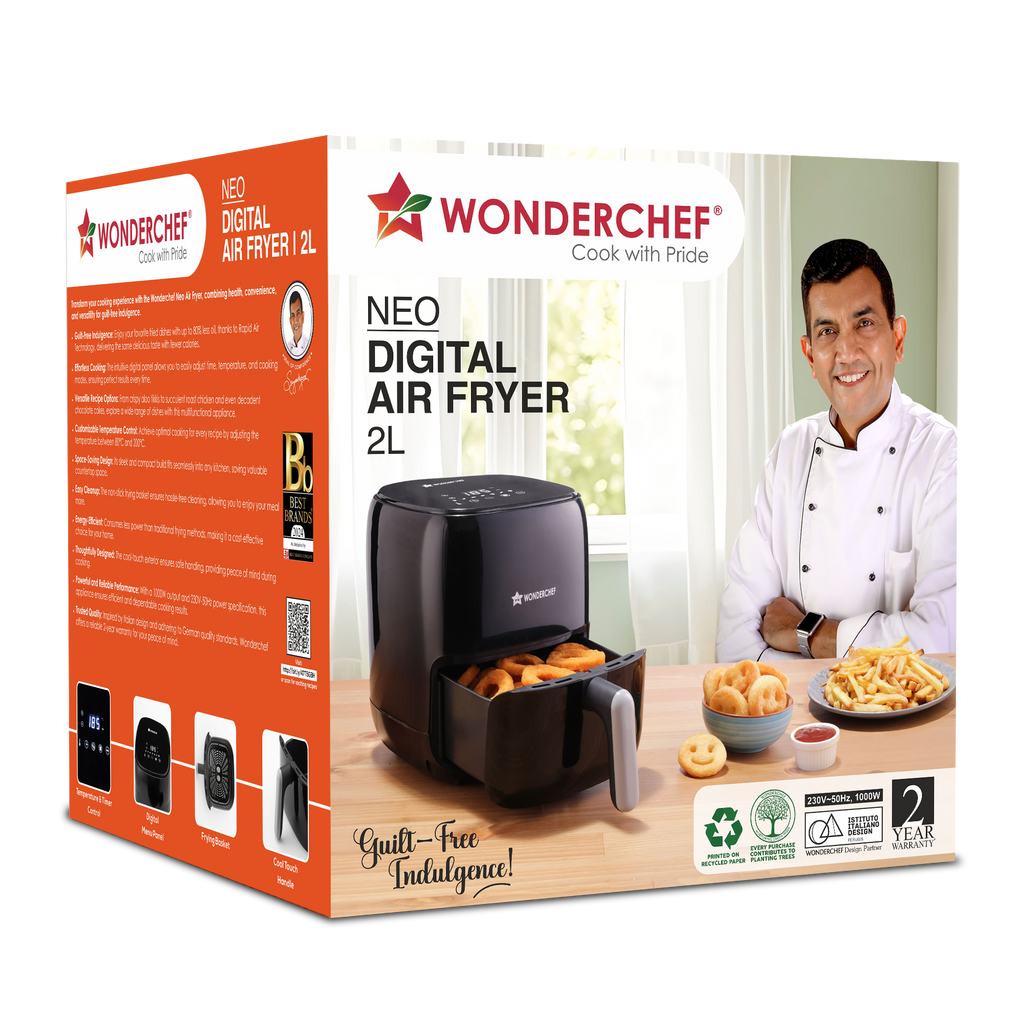 Neo Digital Air Fryer | 1000W, 2 Litres | Rapid Air Technology | Non-stick Basket | Auto Shut-off | Touch Screen | Fry, Bake, Grill, Roast | Cool Touch Handle | 2-Year Warranty | Black