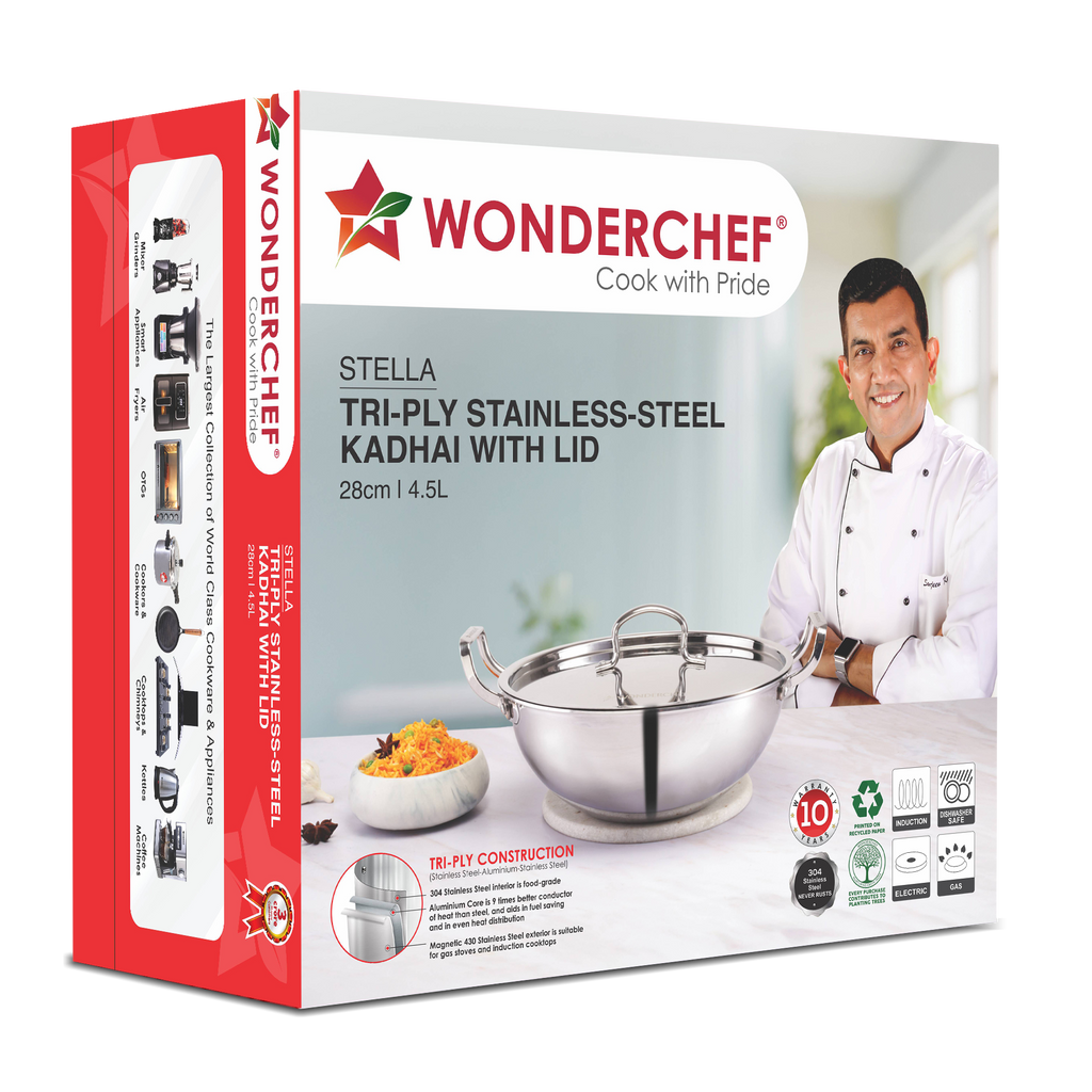 Stella Triply Stainless Steel Kadhai with Lid | 28 cm, 4.5 Litres | Compatible with Gas Stove, Induction, Ceramic Cooktop | Non-toxic | Heavy-duty Handle | 10-year Warranty