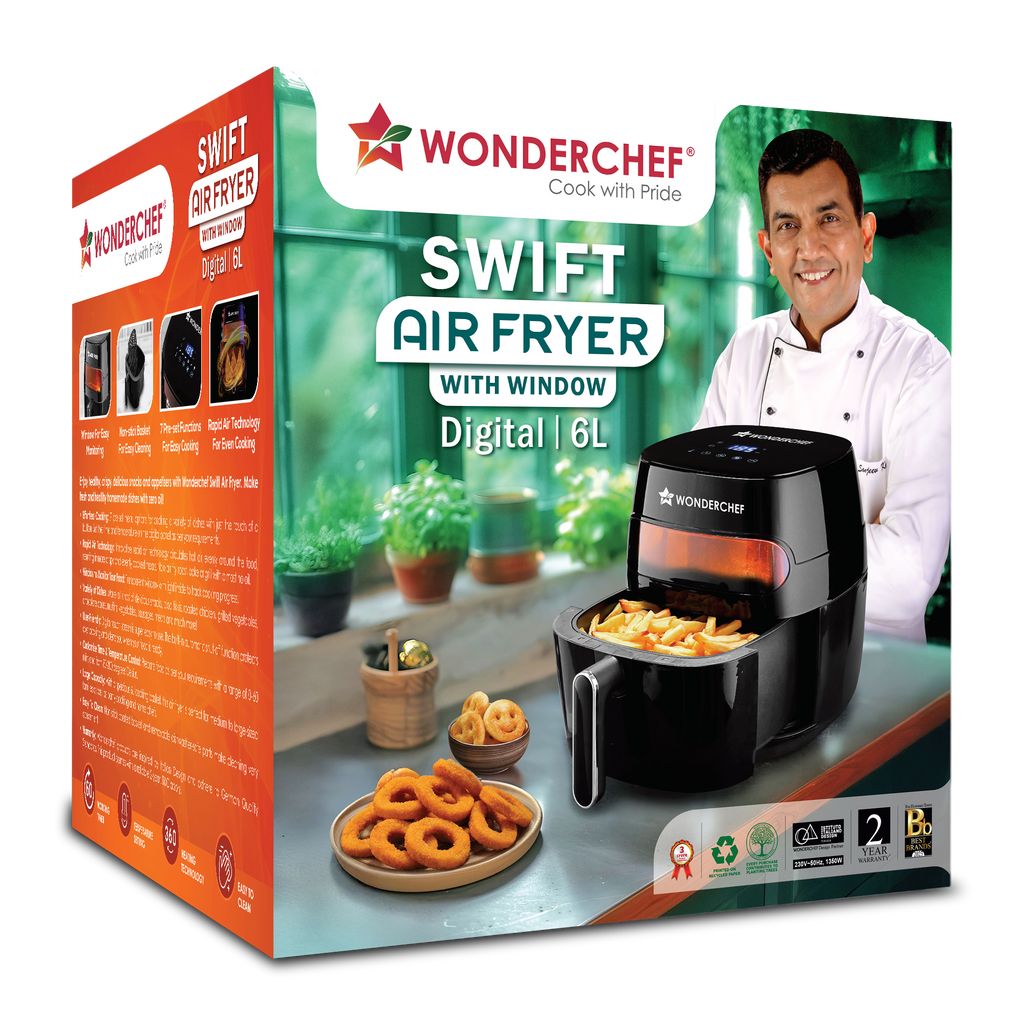 Swift Digital Air Fryer with Window | 1350W, 6 Litres | Rapid Air Technology | 7 Pre-set Functions | Non-stick Basket | Auto Shut-off | Touch Screen | Fry, Bake, Grill, Roast | 2-Year Warranty | Black