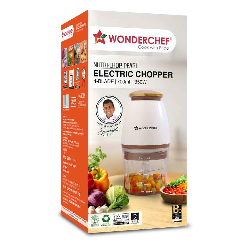 Nutri-chop Pearl Electric Chopper | 4 Sharp Stainless Steel Blades | 700ml | 350W | Chop and Mince Vegetables, Meat, Blends Dips | Transparent Bowl | Low Noise | Light-weight | 2-Year Warranty