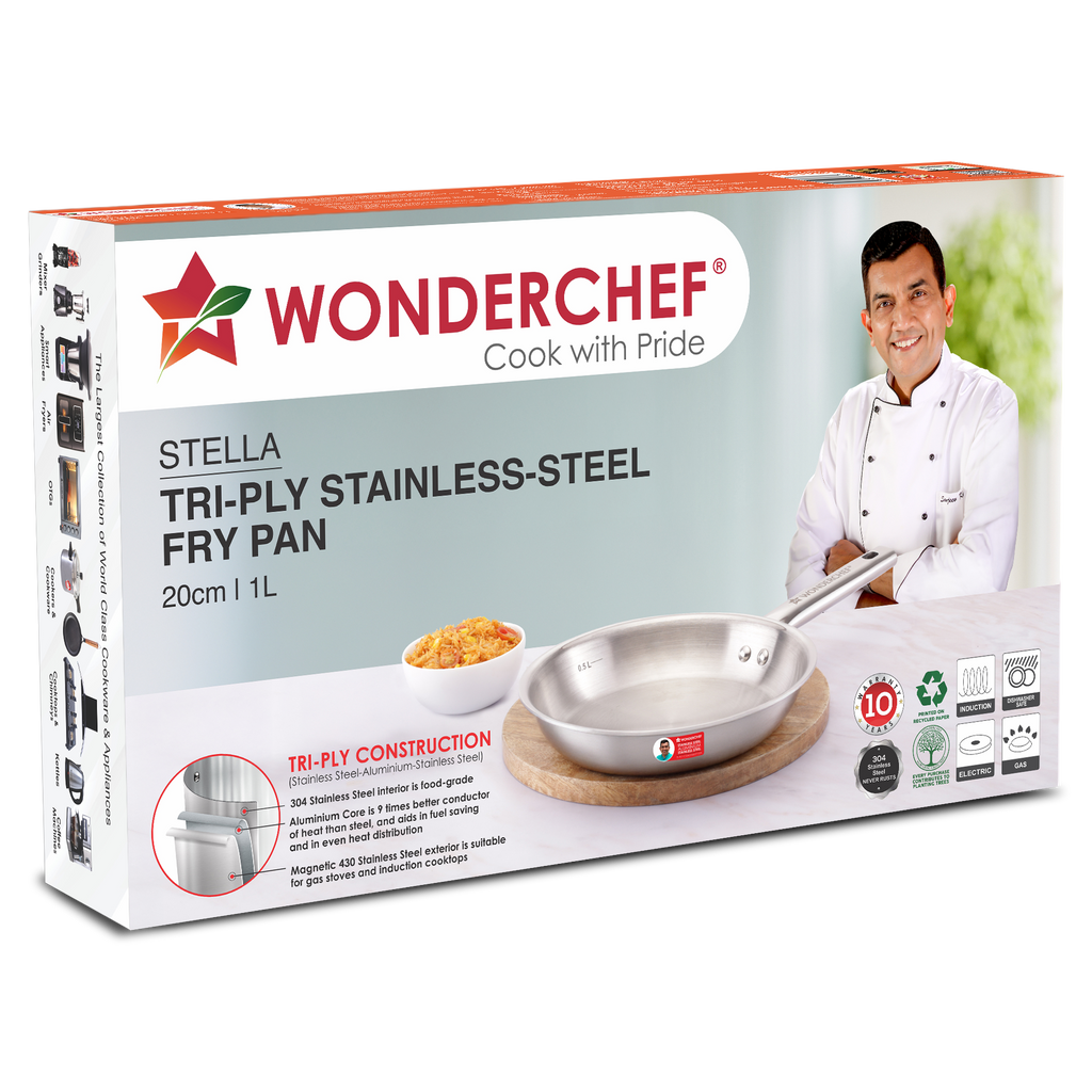 Stella Triply Stainless Steel Fry Pan | 20 cm, 1 Litres | Compatible with Gas Stove, Induction, Ceramic Cooktop | Non-toxic | Uniform Heating | Heavy-duty Handle | 10-year Warranty