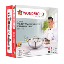 Load image into Gallery viewer, Stella Triply Stainless Steel Kadhai with Lid | 20 cm, 1.6 Litres | Compatible with Gas Stove, Induction, Ceramic Cooktop | Non-toxic | Heavy-duty Handle | 10-year Warranty