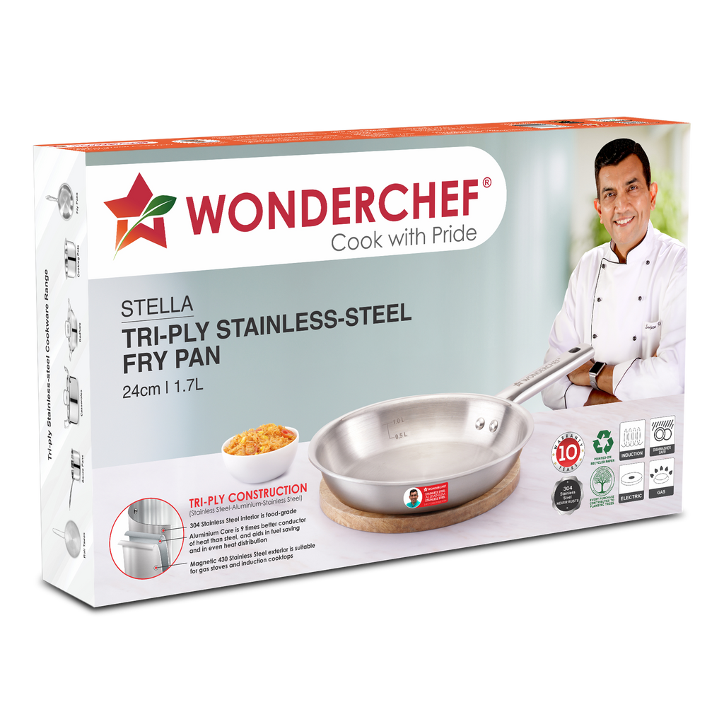 Stella Triply Stainless Steel Fry Pan | 24 cm, 1.7 Litres | Compatible with Gas Stove, Induction, Ceramic Cooktop | Non-toxic | Uniform Heating | Heavy-duty Handle | 10-year Warranty