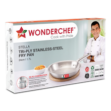 Load image into Gallery viewer, Stella Triply Stainless Steel Fry Pan | 24 cm, 1.7 Litres | Compatible with Gas Stove, Induction, Ceramic Cooktop | Non-toxic | Uniform Heating | Heavy-duty Handle | 10-year Warranty