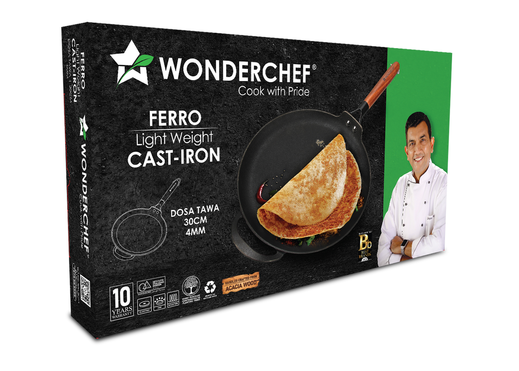 Ferro Light-weight Cast-iron Dosa Tawa | 30cm | Pre-seasoned with 100% Vegetable Oil | 40% Lighter than Regular Cast-iron Cookware | Cool-touch Real Acacia Wood Handles | 10-Year Warranty