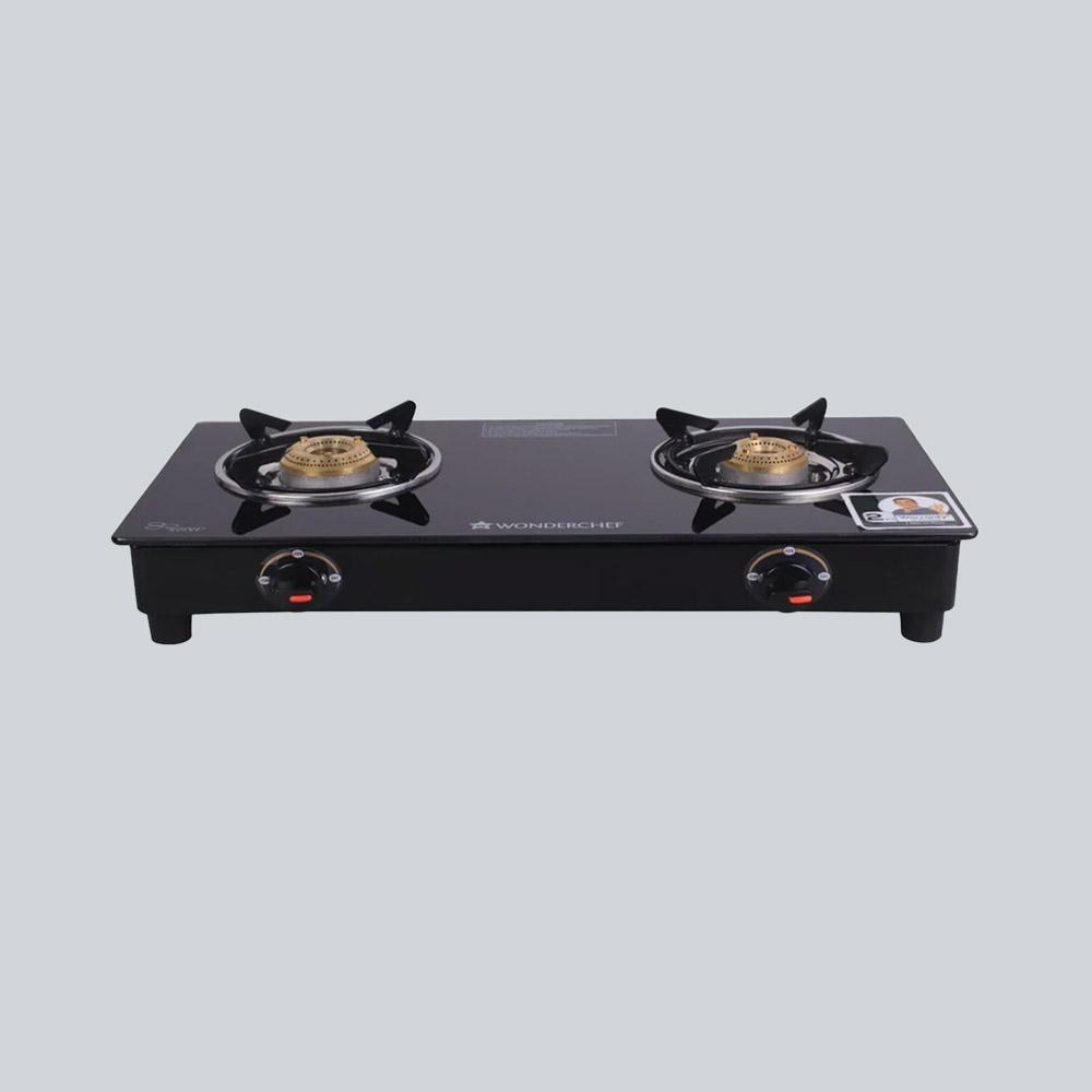 Ruby 2 Burner Glass Cooktop, Black Toughened Glass with 1 Year Warranty, Ergonomic Knobs, Heat-Efficient Brass Burners, Stainless-steel Spill Tray, Manual Ignition