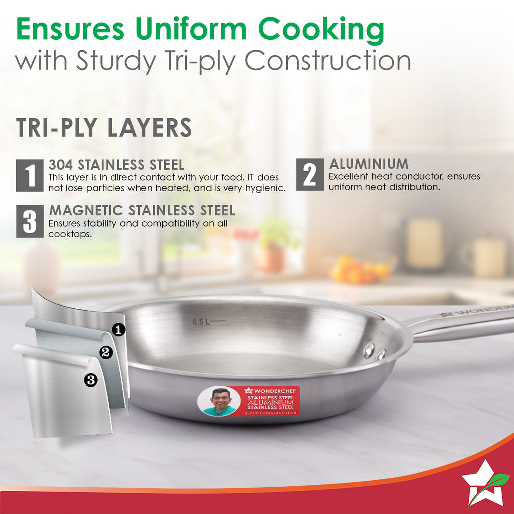 Stella Triply Stainless Steel Fry Pan | 20 cm, 1 Litres | Compatible with Gas Stove, Induction, Ceramic Cooktop | Non-toxic | Uniform Heating | Heavy-duty Handle | 10-year Warranty