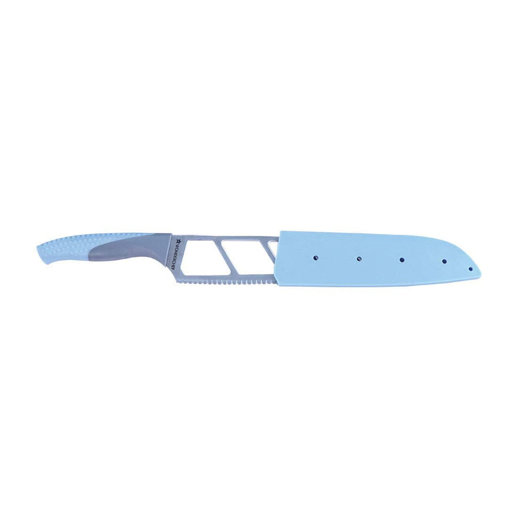 Easy Slice Stainless Steel Knife 8 Inches, Razor Sharp Double-Edged Blade, Hollow Blade Design, Full-Tang Construction, Plastic Guard for Protection, 5 Years Warranty, Blue